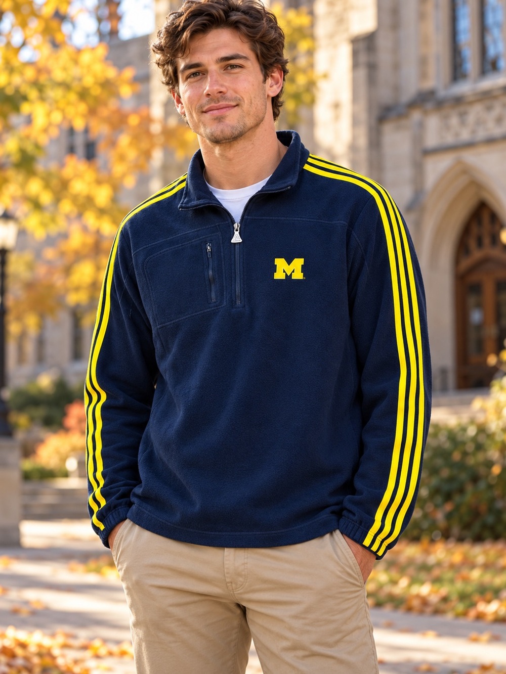 Adidas Michigan Wolverines Quarter Zip Pullover Men’s Large Navy Blue Maize EUC